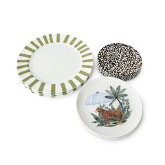 Plato Trinche Candy Cane Verde con Platos de Ensalada Leopardo con Sombrilla Azul, Platos de Pan Cheetah Dorado. Set para 4 personas