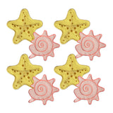 Manteleria Arrecife con Cocteleras con Bordado de Estrella de mar en Algodón Amarillo y Coasters con Bordado de Caracol Marino en Algodón Rosa. Set para 4 personas