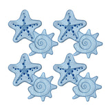 Manteleria Arrecife con Cocteleras con Bordado de Estrella de mar y Coasters con Bordado de Caracol Marino en Algodón Azul. Set para 4 personas