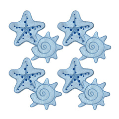 Manteleria Arrecife con Cocteleras con Bordado de Estrella de mar y Coasters con Bordado de Caracol Marino en Algodón Azul. Set para 4 personas