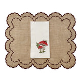 Set de individuales de yute Majo con orilla bordada en ondas café con servilletas de lino crudo con bordado de hongos y caracol