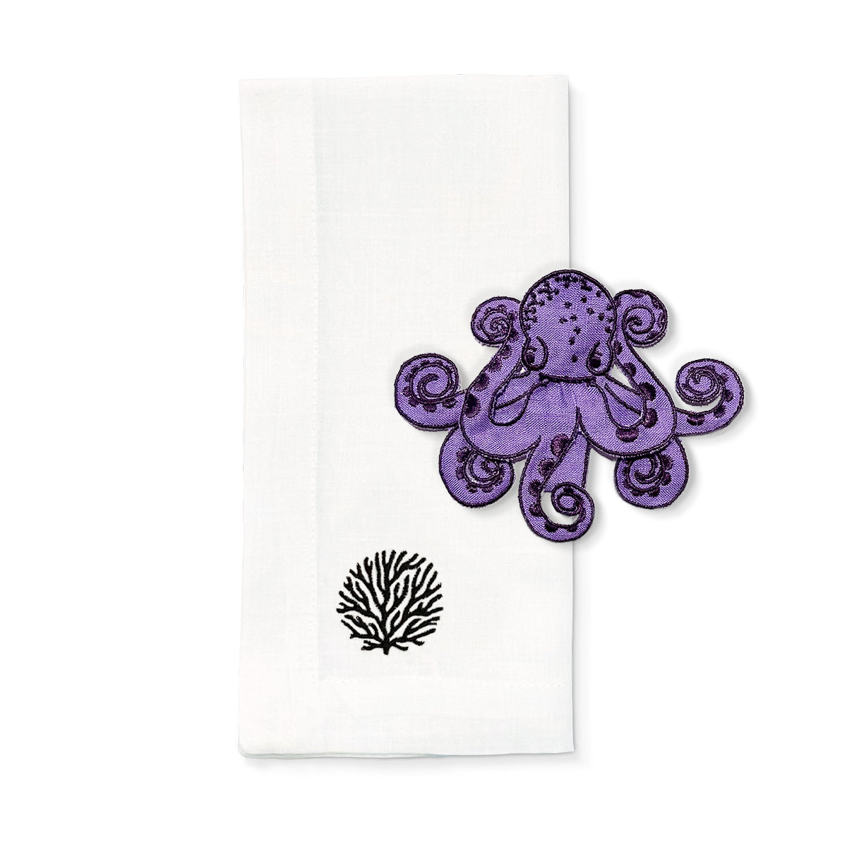 Set para mesa con servilleta de lino con coral negro y servilletero de pulpo morado zash