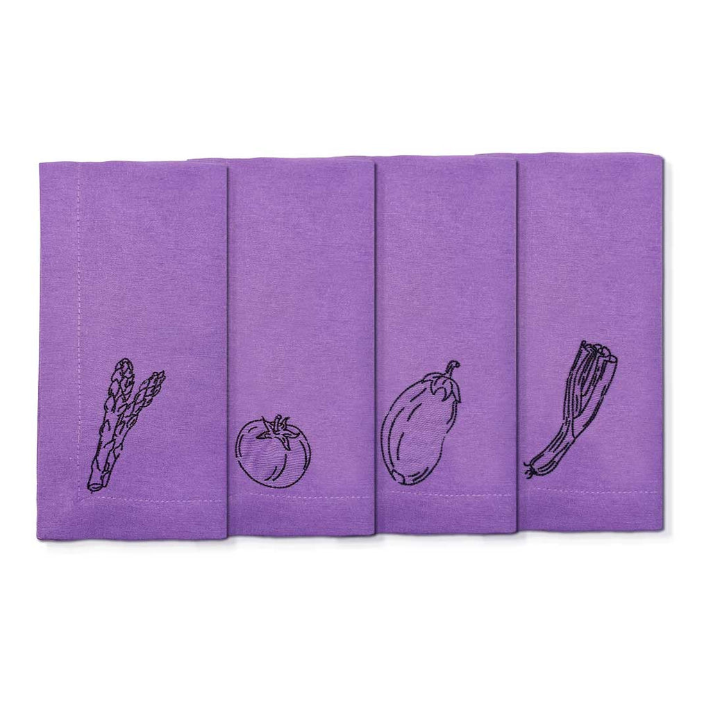 Set de Mantelería con Individuales Veggies en Algodón Morado Bordado de Repollo y Servilletas Veggies en Algodón Morado Bordado con Verduras. Para 4 personas