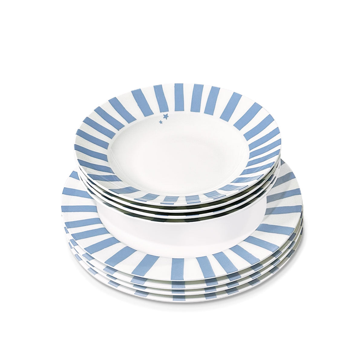 Set de vajilla Candy Cane con platos trinche y platos soperos de porcelana blanca con rayas en azul claro, marca Zash