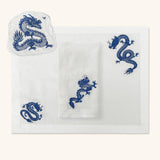 Set 4 Manteles Individuales, 4 Servilletas y 4 Cocteleras en Lino Blanco con Bordado de Dragón Azul