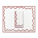 Individuales Regina en Loneta Blanca con Ondas Bordadas en Rojo. Set de 4