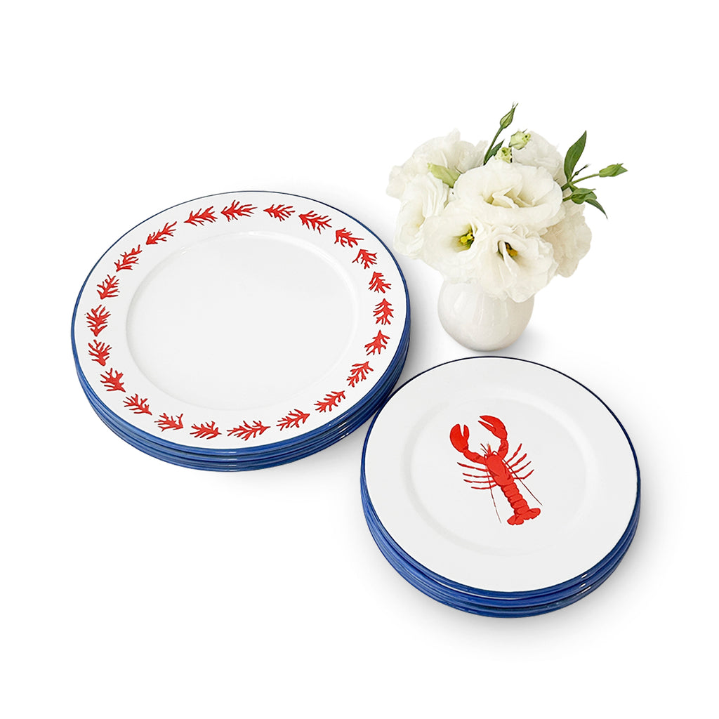 Set de vajilla Langosta de peltre vitrificado con temas marinos en blanco, azul y rojo, incluye platos trinche y platos de ensalada para 4 personas, marca Zash