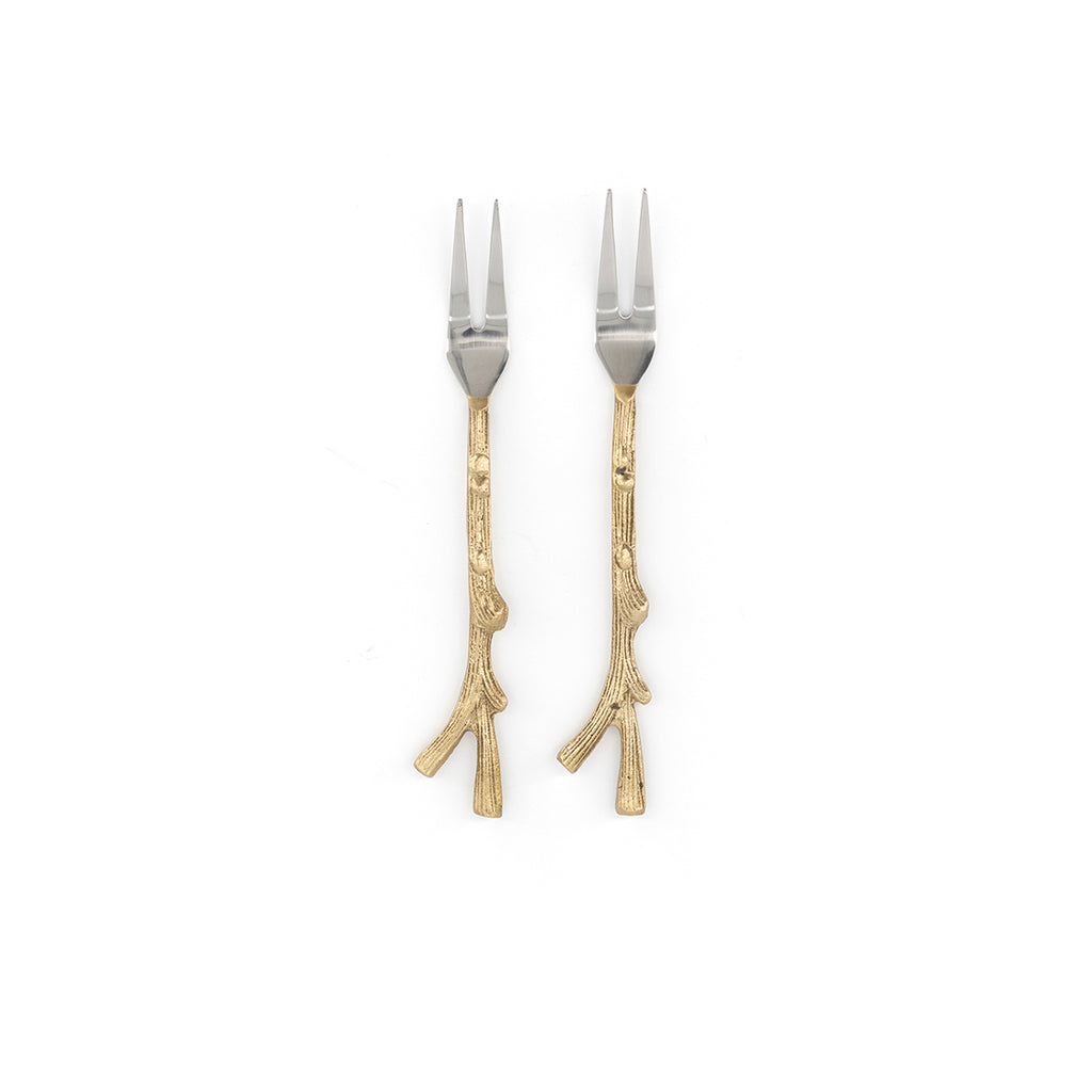 Set de tenedores trinche para botanas, con mango de bronce en forma de ramitas, marca Zash