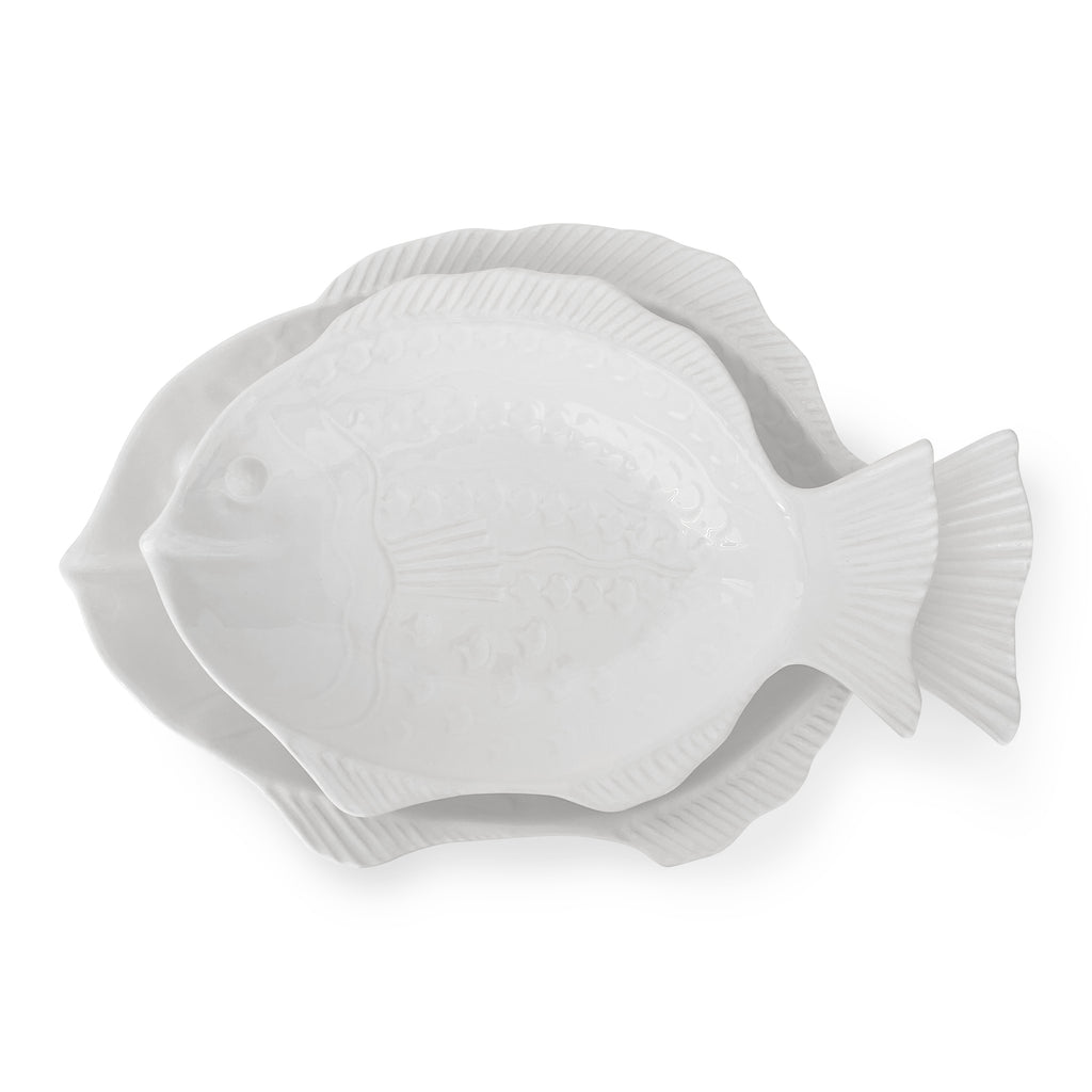 set de 2 platones grandes para servir en forma de pez de cerámica blanca. Perfecto para mesas de playa o servir mariscos
