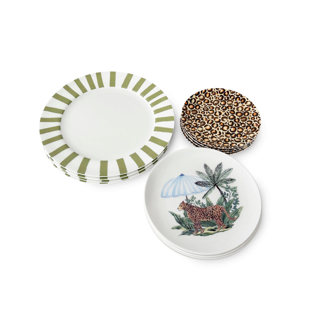 Set de Vajilla con Leopardo, platos trinche, de ensalada y de pan verde con Cheetah, marca Zash