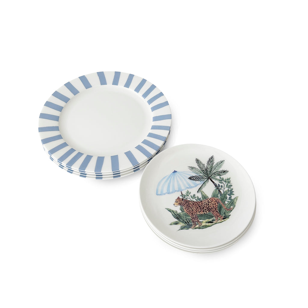 Set de vajilla de porcelana con plato trinche con rayas azules y plato de ensalada de cheetah con sombrilla y plantas, marca Zash