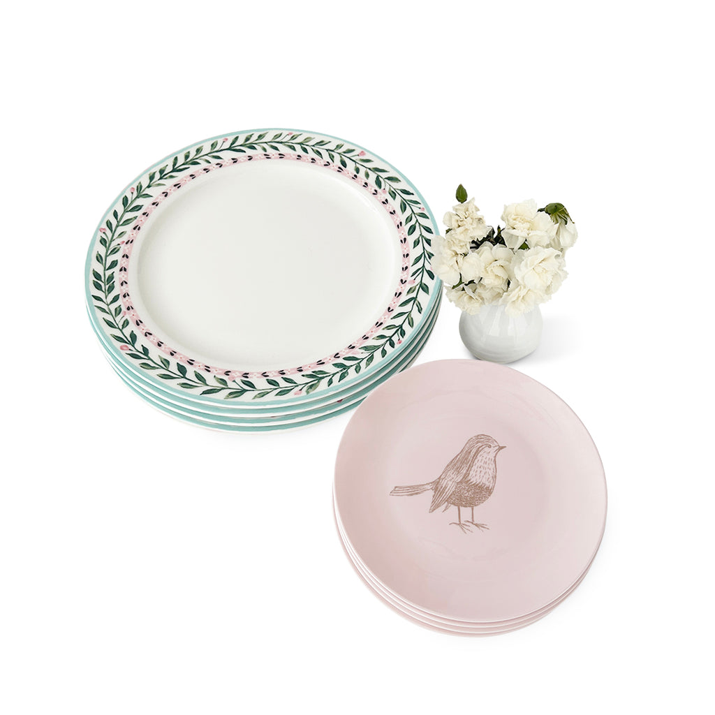 Set Vajilla Garden Bird con Platos Trinche con Borde de Flores y Platos de Ensalada Rosa con Pajarito, marca Zash