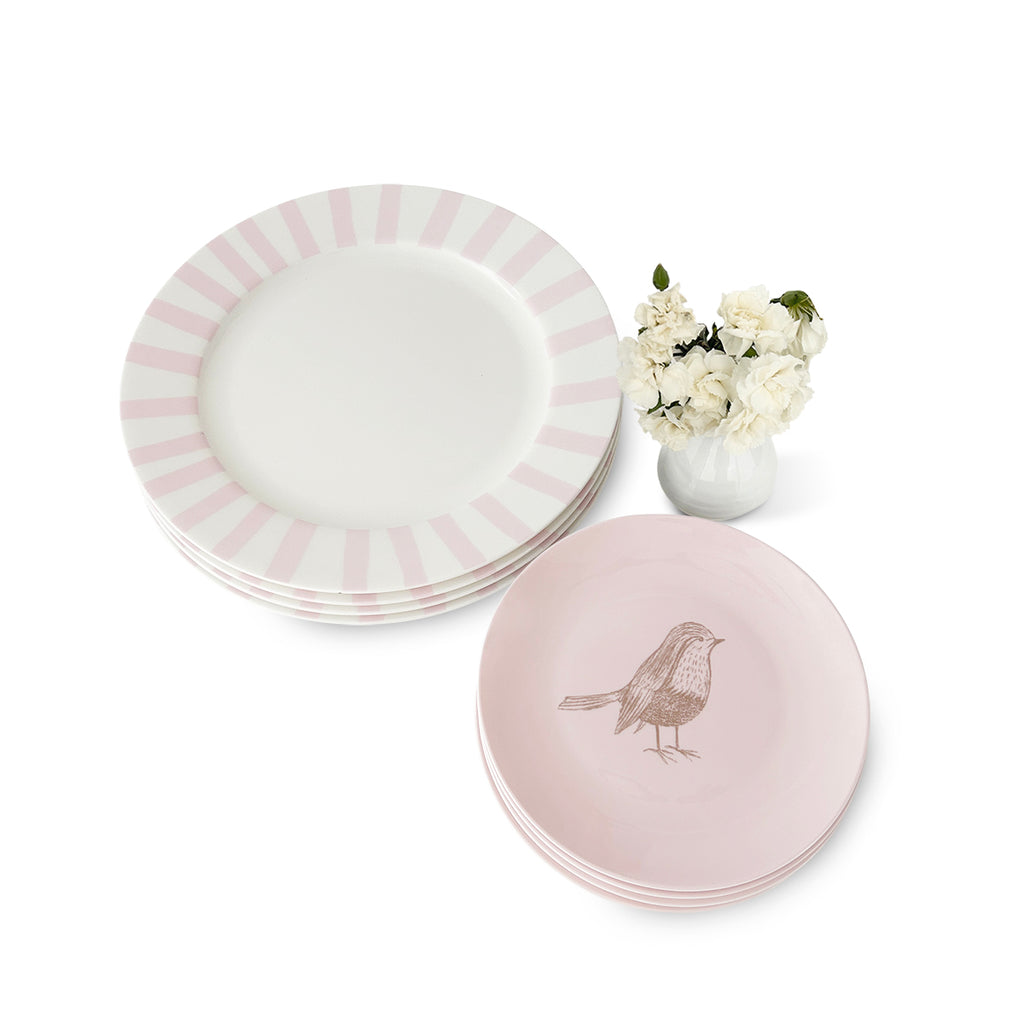 Set Vajilla Pink Bird con Platos Trinche de Rayas Rosa Claro, y Platos de Ensalada Rosa con Pájaro, marca Zash