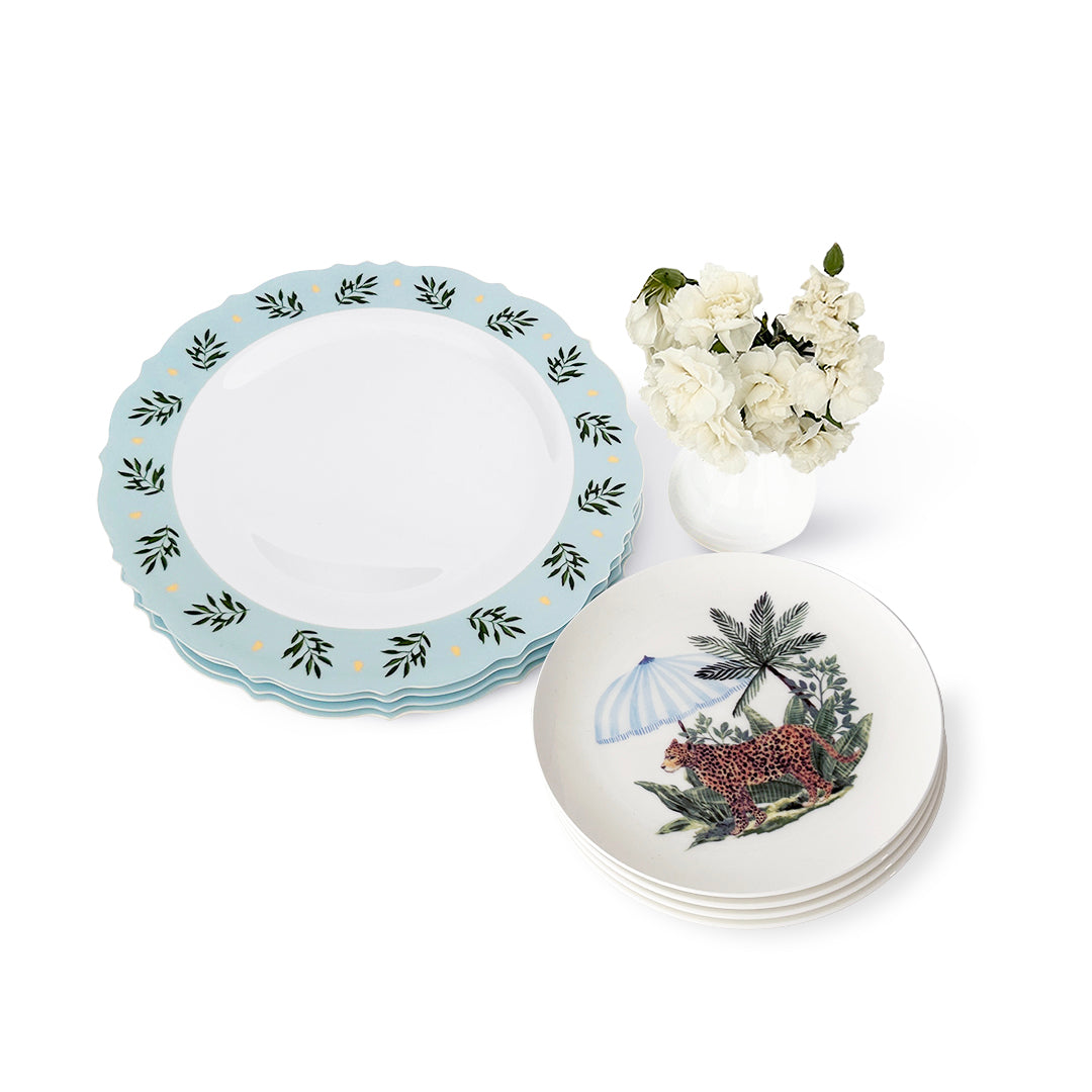 Set de vajilla con platos trinche con borde azul con hojas de olivo y plato de ensalada con leopardo y sombrilla, 8 piezas. 