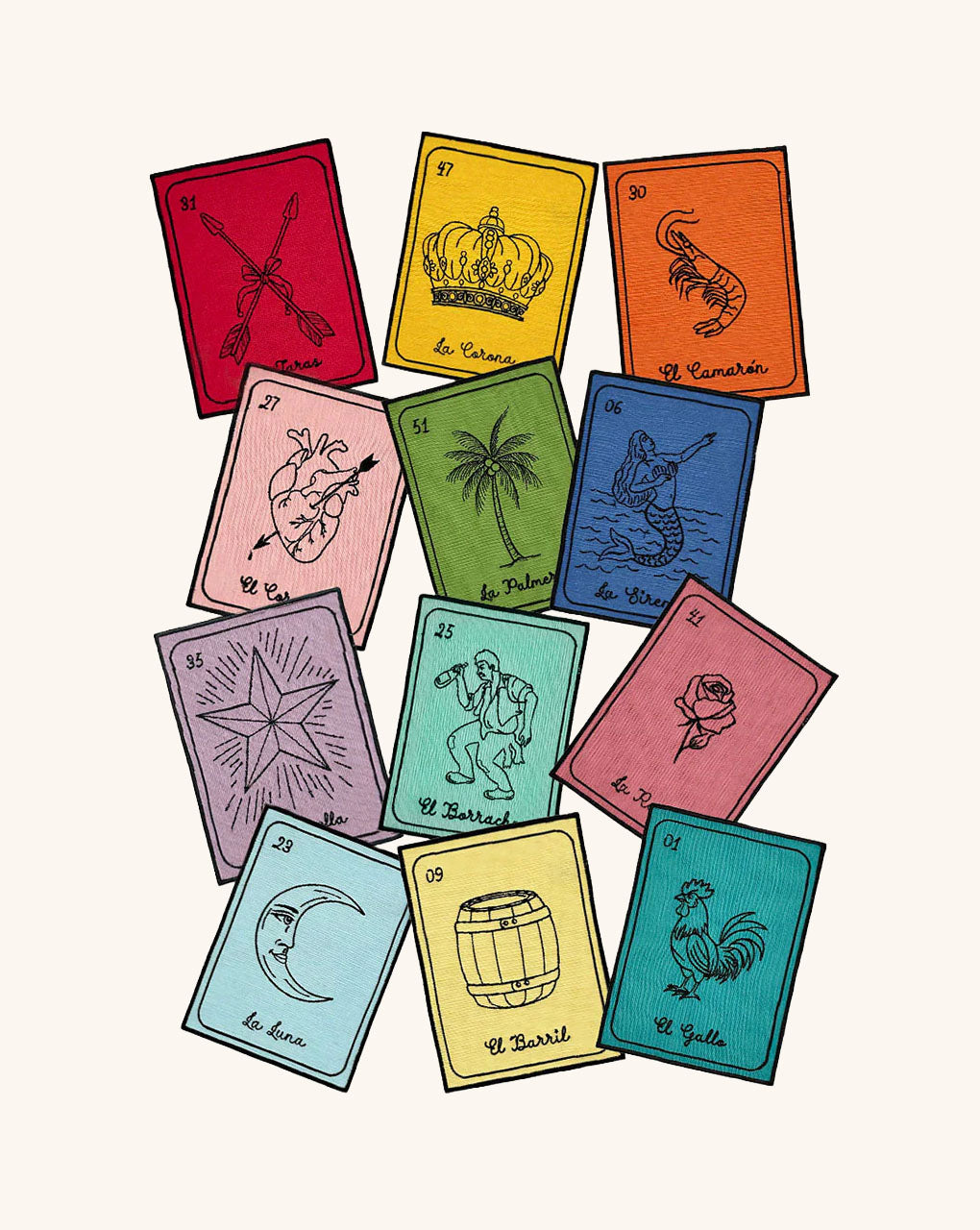 Set Completo de Cocteleras Lotería con Bordado Negro en Algodón de Colores, set con 12