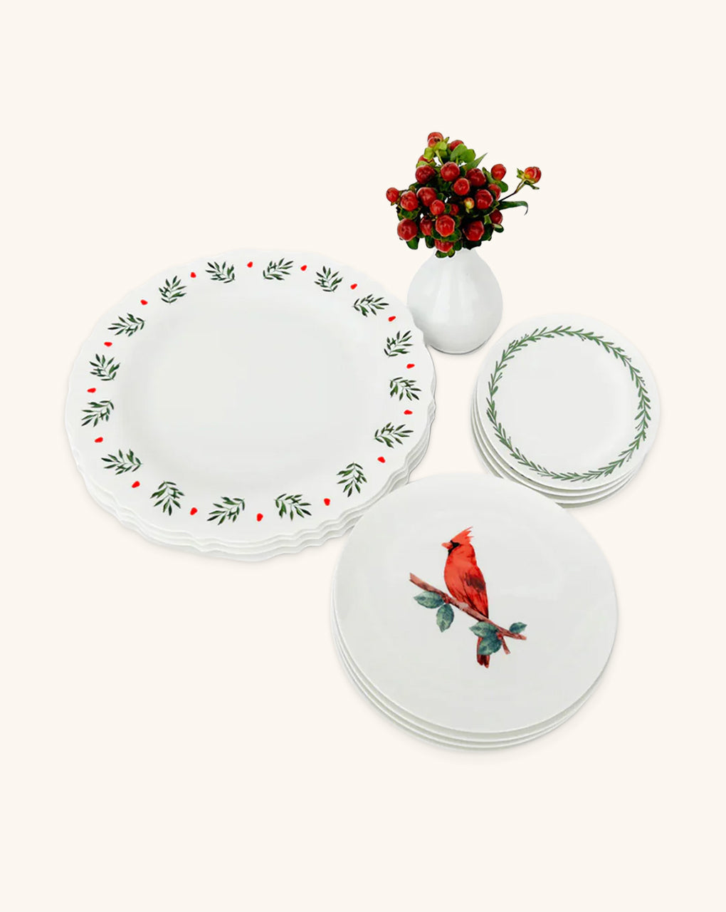Set Completo de Vajilla Red Bird para 4 Personas con Platos Trinche con Ondas y Cerezas Navideñas, Platos de Ensalada con Cardenal y Platos de Pan con Guirnalda Verde