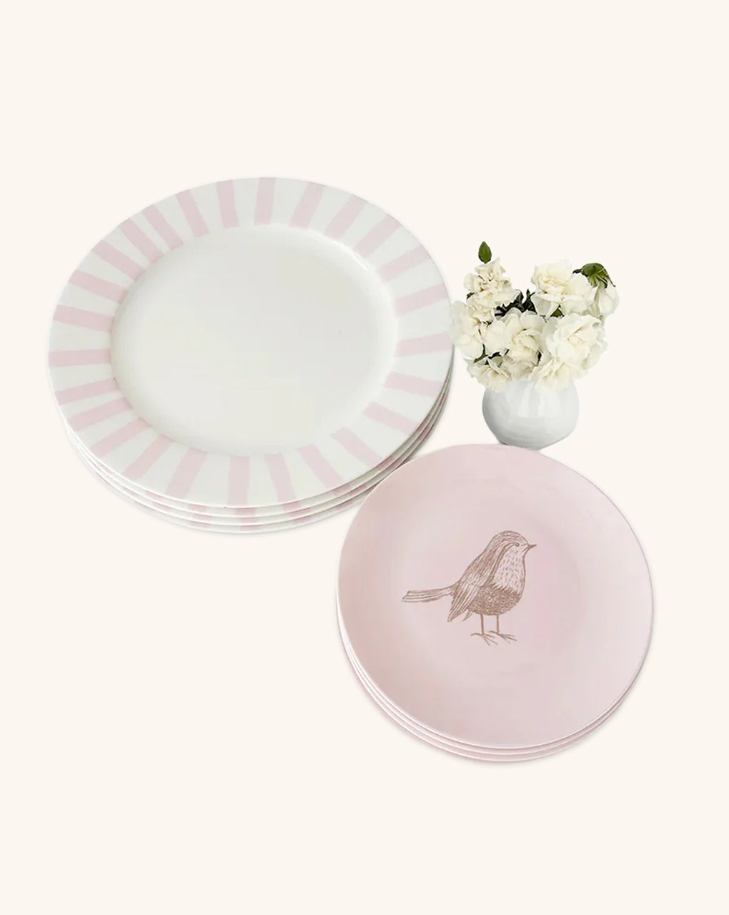 Set Vajilla Pink Bird con 4 Platos Trinches con Rayas Gruesas Rosa Claro y 4 Platos para Ensalada Rosa con Pájaro