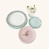 Set Vajilla completa Garden Bird con 4 Platos Trinches con Borde de Flores, 4 Platos de Ensalada Pájaro Pink y 4 Platos de Pan Menta con Guirnalda de Flores