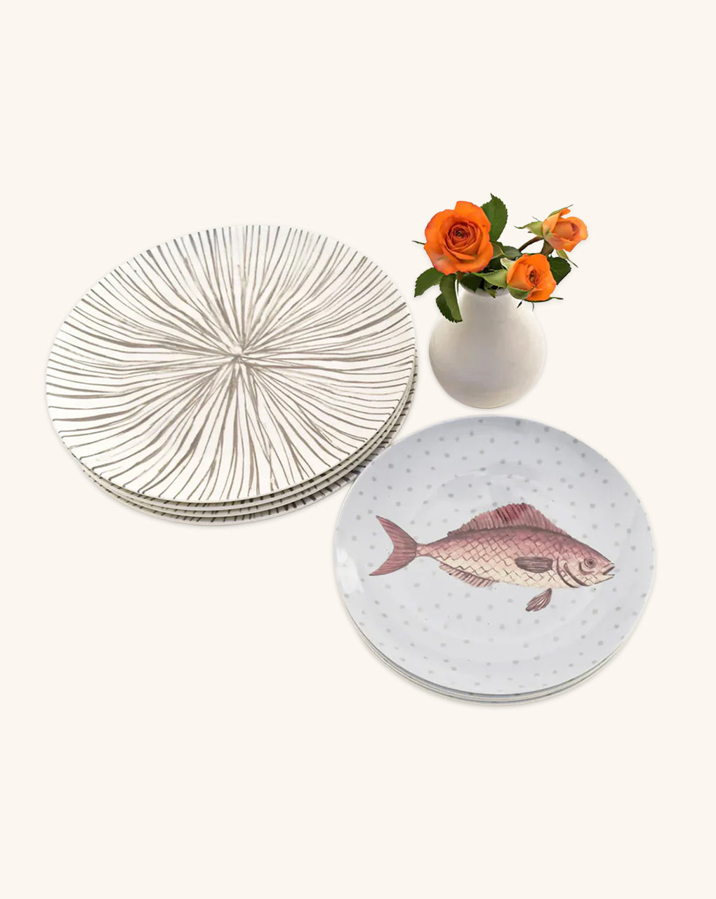 Set de Vajilla Acapulco para 4 Personas con Platos Trinche Rayas Gris Plata, Platos Ensalada Pez (8 piezas)