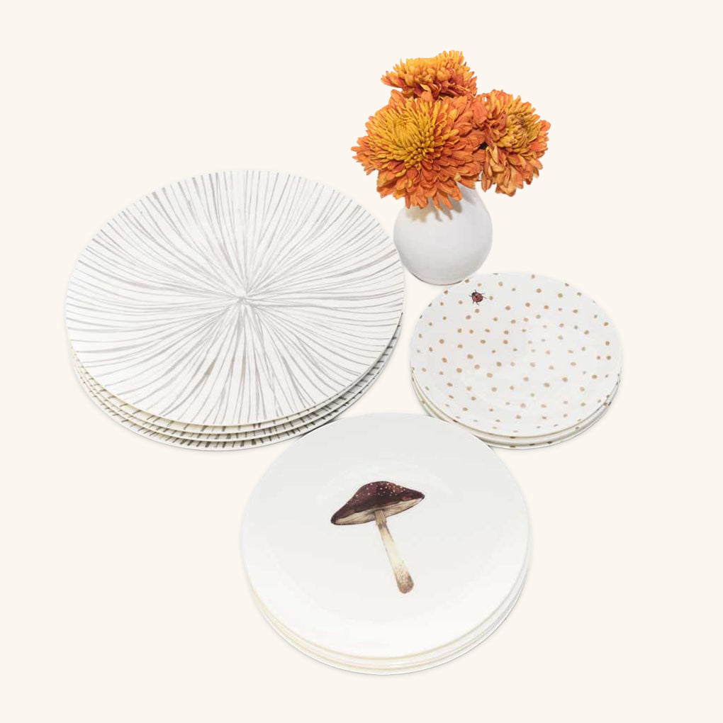 Set de Vajilla Hongo Mágico para 4 Personas con Platos Trinche Rayas Gris Plata, Platos Ensalada Hongo, Platos Pan Catarina (12 piezas)