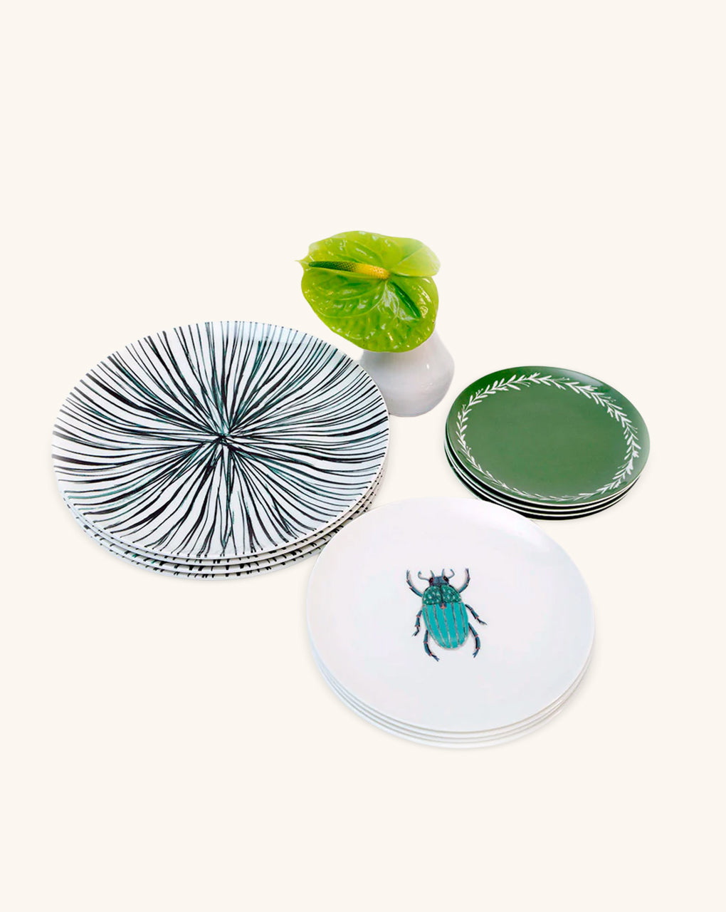 Set de Vajilla Mérida para 4 personas con Platos Trinche Rayas Verdes, Platos Ensalada Escarabajo, Platos Pan Verde Guirnalda Blanca  (12 Piezas)