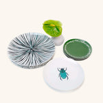 Set de Vajilla Mérida para 4 personas con Platos Trinche Rayas Verdes, Platos Ensalada Escarabajo, Platos Pan Verde Guirnalda Blanca  (12 Piezas)