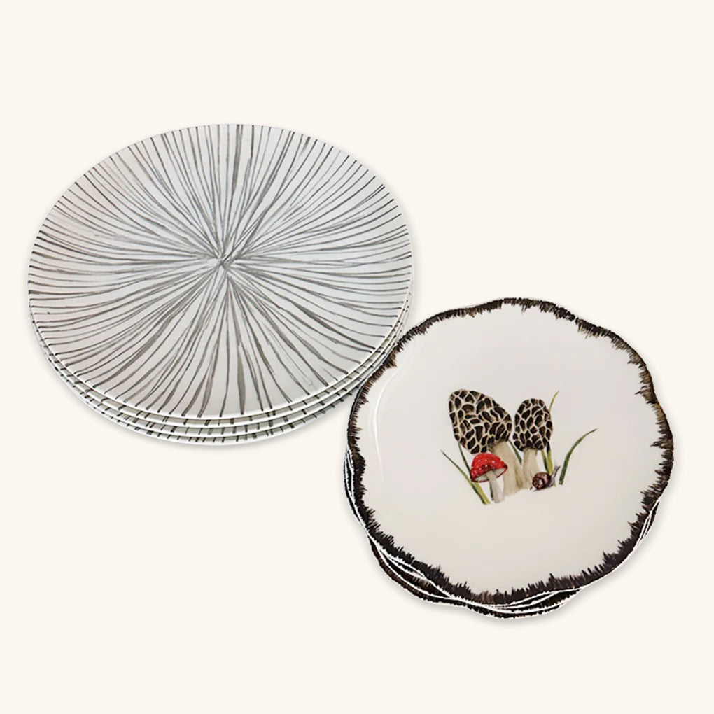 Set de Vajilla con Platos Trinche de Rayas Gris y Platos para Ensalada con Morillas y Borde de Ondas. Set para 4 personas