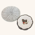 Set de Vajilla con Platos Trinche de Rayas Gris y Platos para Ensalada con Morillas y Borde de Ondas. Set para 4 personas