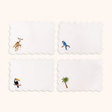 Set de 4 Cocteleras de Tropic Rectangular en Lino Blanco Bordado con Aves, Palmera y Chango