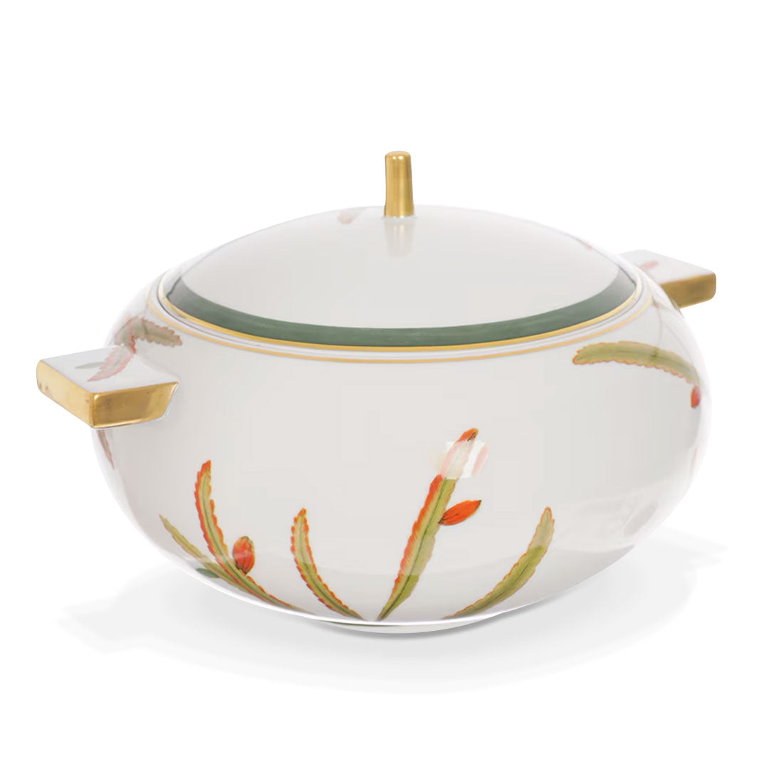Sopera de porcelana Amazonia con tapa, blanca con motivos de plantas y bordes de oro de 24 kilates, marca Vista Alegre