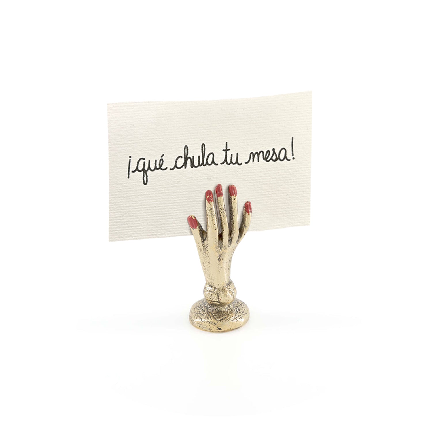 Porta tarjetas para personalizar lugares de cobre reciclado en forma de mano con uñas pintadas en rojo