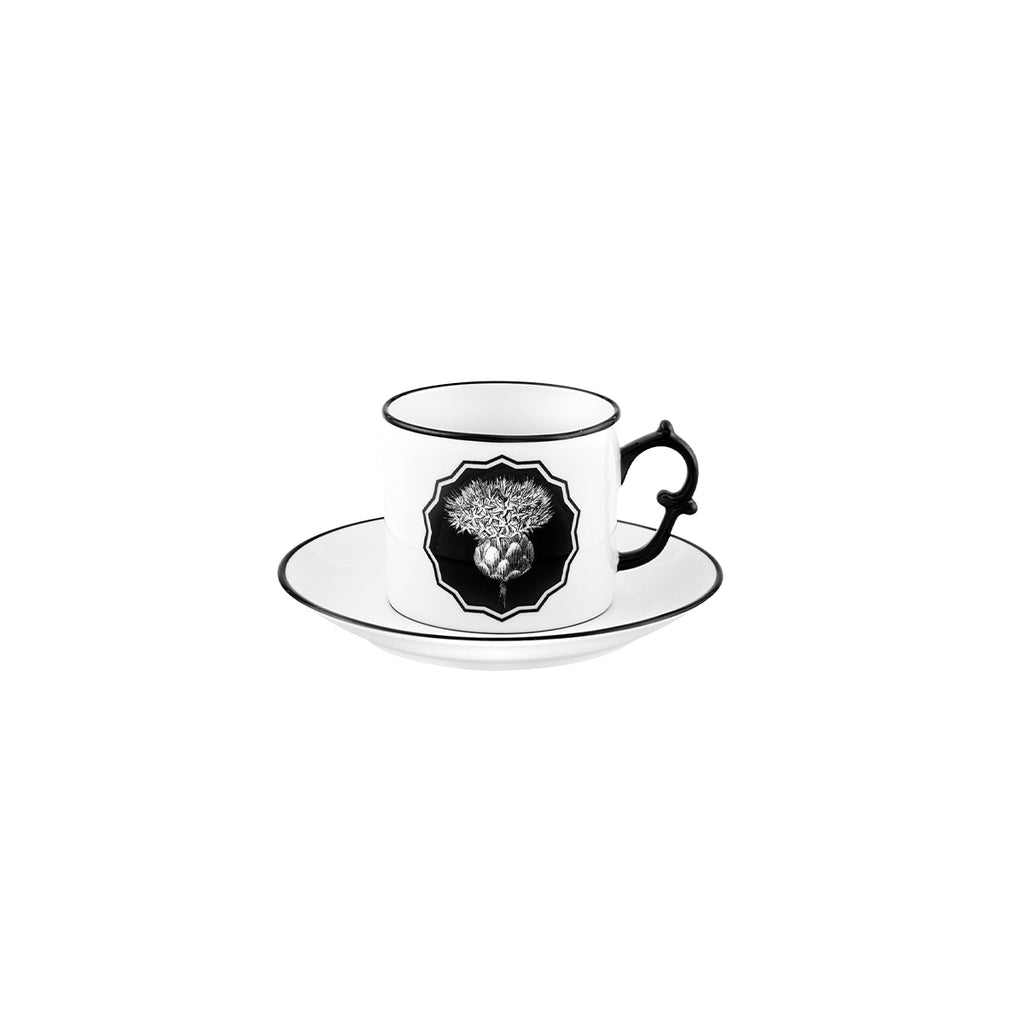 Taza con platito de té de porcelana en blanco y negro de Christian Lacroix para Vista Alegre, línea Herbariae