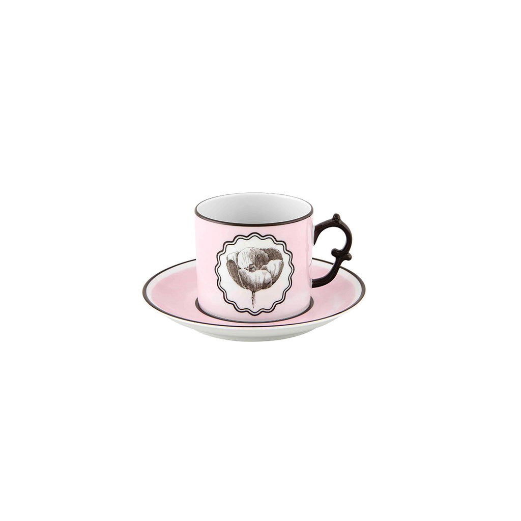 Taza con platito para té o café de porcelana color rosa claro, de Christian Lacroix Maison para Vista Alegre, línea Herbariae