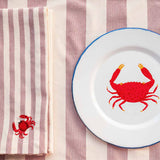 Set de 4 Individuales con Rayas Blancas y Rojas y 4 Servilletas de Loneta de Algodón con Rayas Blancas y Rojas con Bordado de Cangrejo
