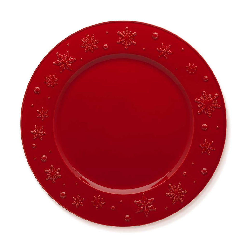 Bajo plato de cerámica rojo con snowflakes en la orilla, marca Bordallo Pinheiro