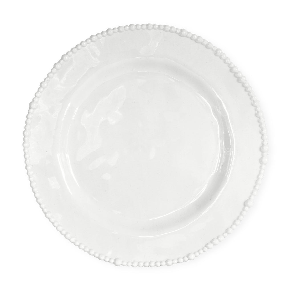 Plato trinche grande de melamina color blanco con bolitas en las orillas, perfecto para mesas de playa, alberca o jardín.