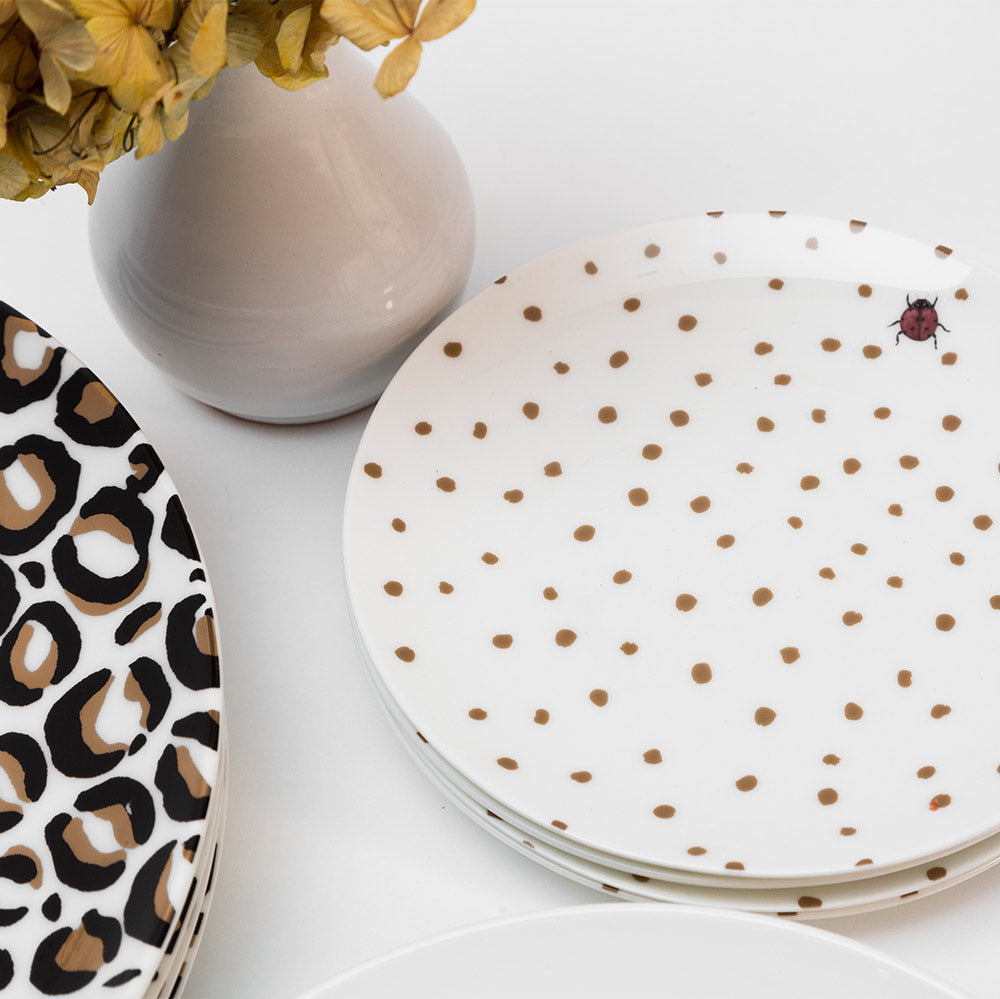 Set de Vajilla Wild Hongo para 4 Personas con Platos Trinche Cheetah Oro, Platos Ensalada Hongo, Platos Pan Catarina (12 piezas)