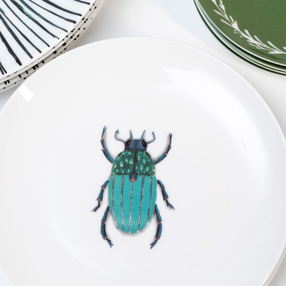 Set de Vajilla Mérida para 4 personas con Platos Trinche Rayas Verdes, Platos Ensalada Escarabajo, Platos Pan Verde Guirnalda Blanca  (12 Piezas)