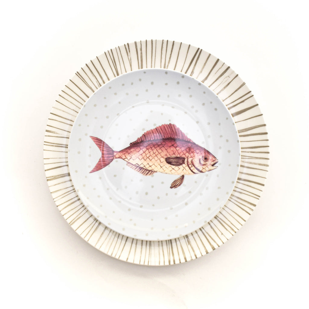 Set de Vajilla Acapulco para 4 Personas con Platos Trinche Rayas Gris Plata, Platos Ensalada Pez (8 piezas)