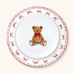 Vajilla con Plato Ensalada con Teddy Bear y Plato Trinche Con Guirnalda Roja de Moños