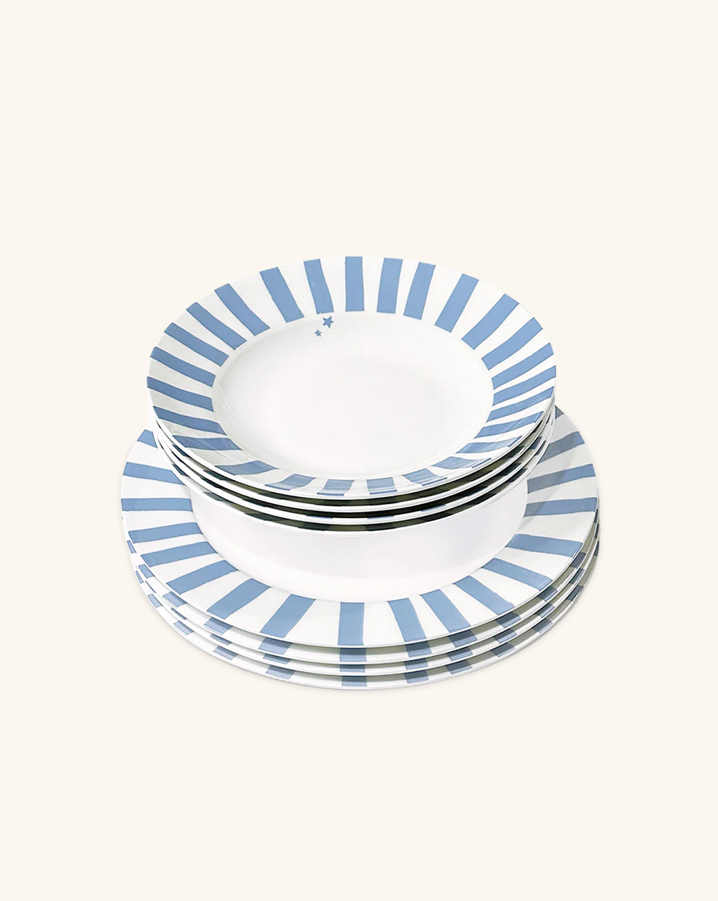 Vajilla con Plato Sopero Candy Cane Azul Claro y Platos Trinche Candy Cane Azul Claro. Set para 4 Personas