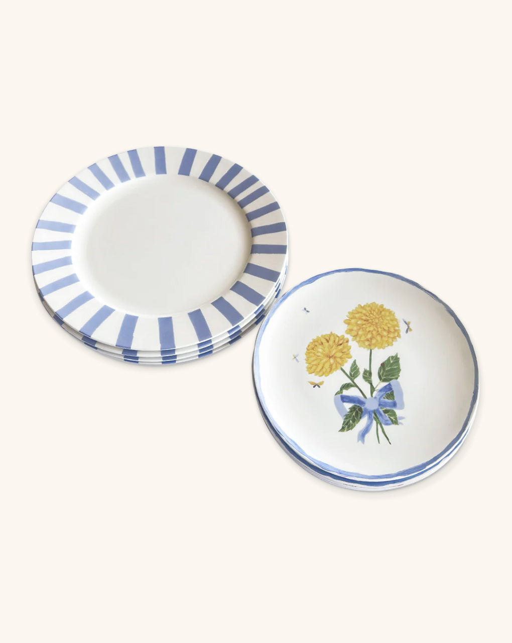 Vajilla con Platos Trinche Candy Cane Azul y Plato para Ensalada con Dalias amarillas y Liston Azul. Set de 4