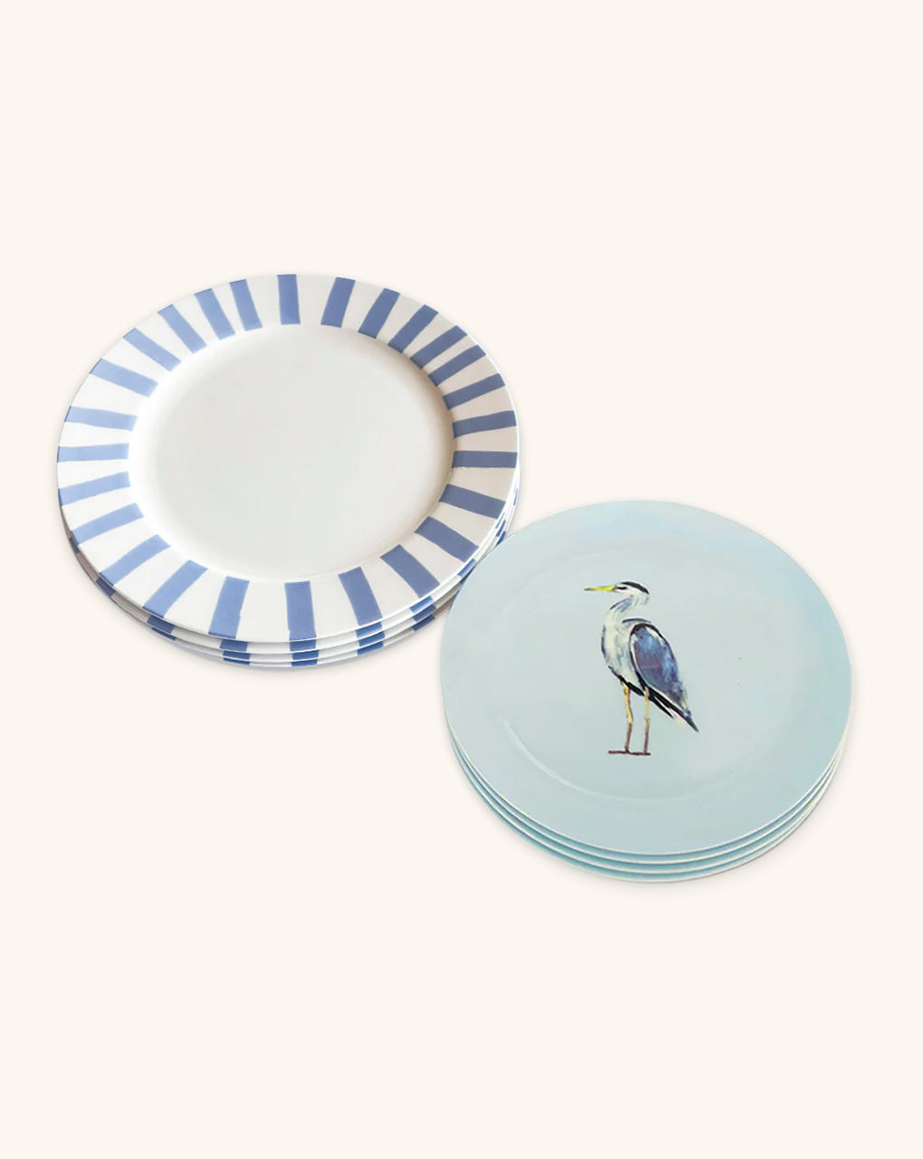 Vajilla con Platos Trinche Candy Cane Azul y Platos de Ensalada Azul con Garza. Set de 4