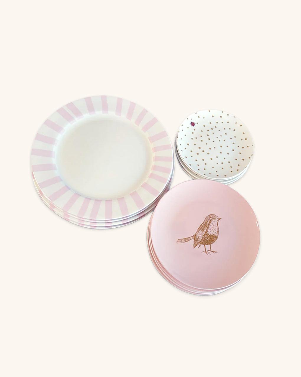 Vajilla con Platos Trinche Candy Cane Rosa Claro, Platos para Ensalada Rosa con Pájaro y Platos para Pan de con Puntitos y Catarina. Set de 4