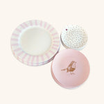 Vajilla con Platos Trinche Candy Cane Rosa Claro, Platos para Ensalada Rosa con Pájaro y Platos para Pan de con Puntitos y Catarina. Set de 4
