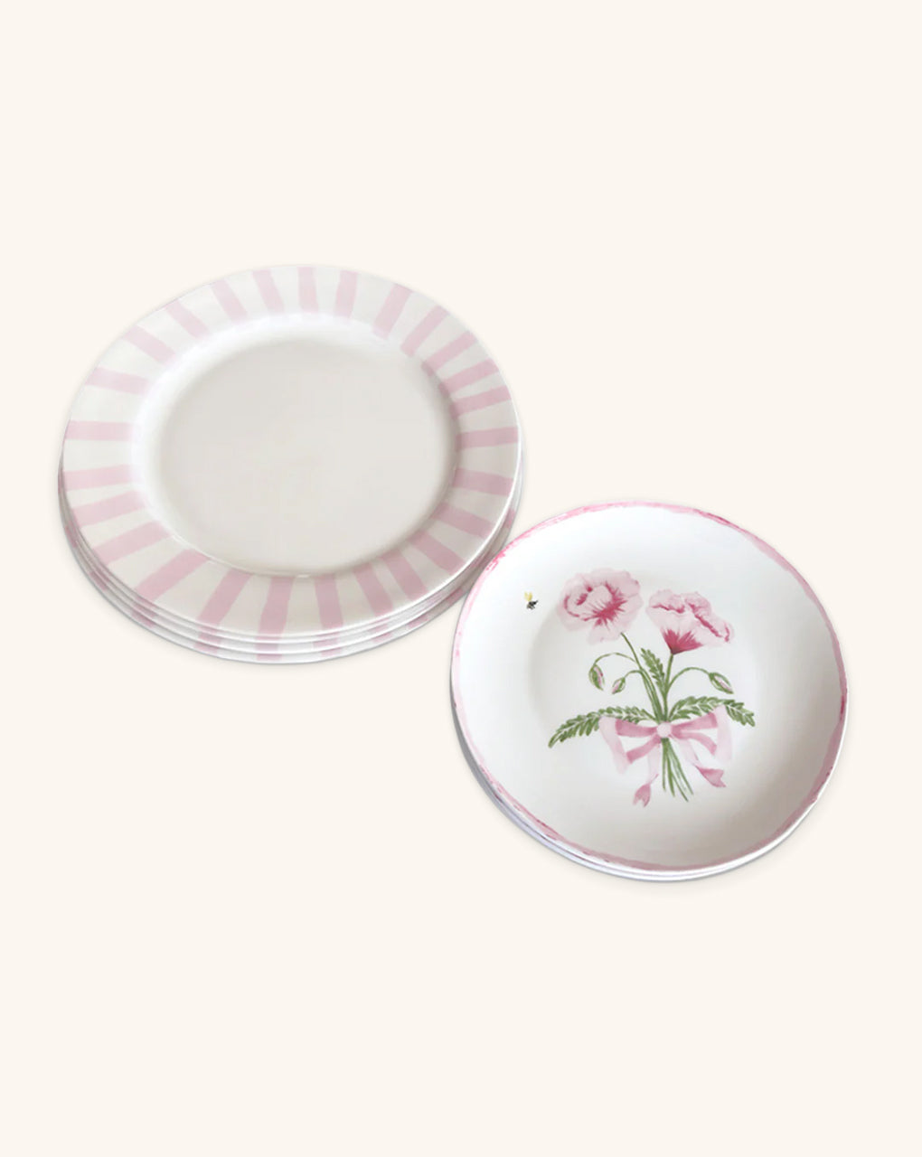 Vajilla con Platos Trinche Candy Cane Rosa Claro y Plato para Ensalada con Claveles Rosas y Liston Rosa. Set de 4