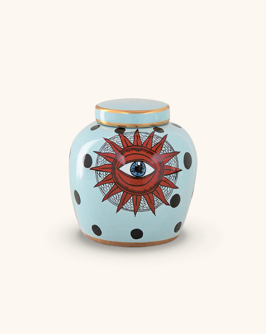 Vasija de Cerámica en Color Azul Claro con Puntos Negros y Ojo Místico