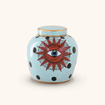 Vasija de Cerámica en Color Azul Claro con Puntos Negros y Ojo Místico