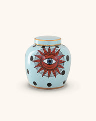 Vasija de Cerámica en Color Azul Claro con Puntos Negros y Ojo Místico.