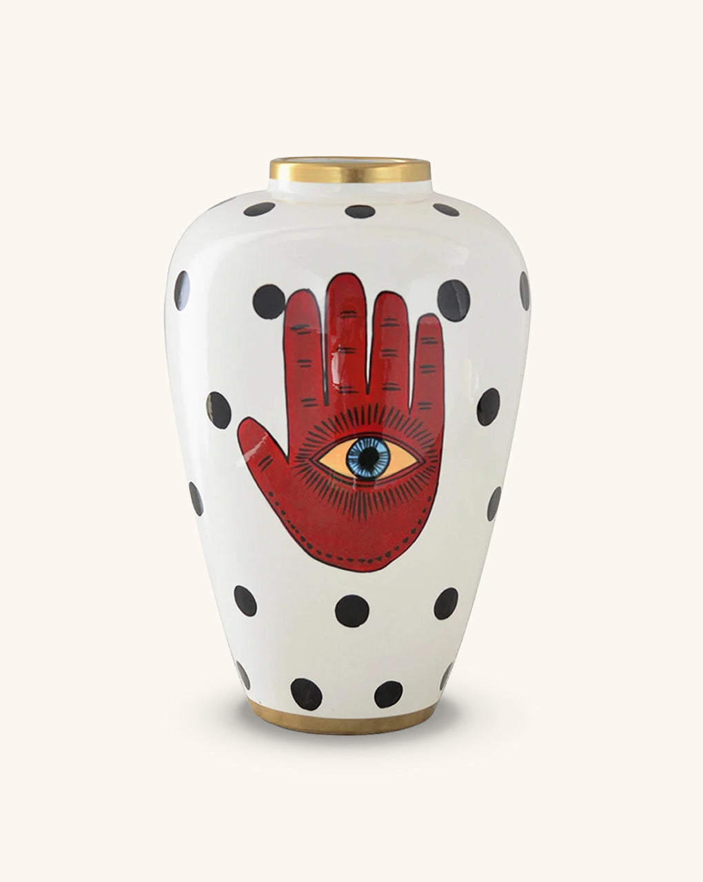 Vasija de Cerámica en Color Blanco con Puntos Negros y Mano con Ojo Místico